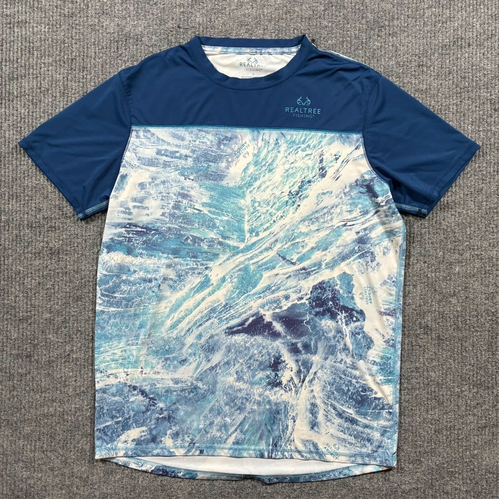 Realtree Fishing Mens Performance Shirt Size L Blue Ocean Print Short Sleeve Tee
